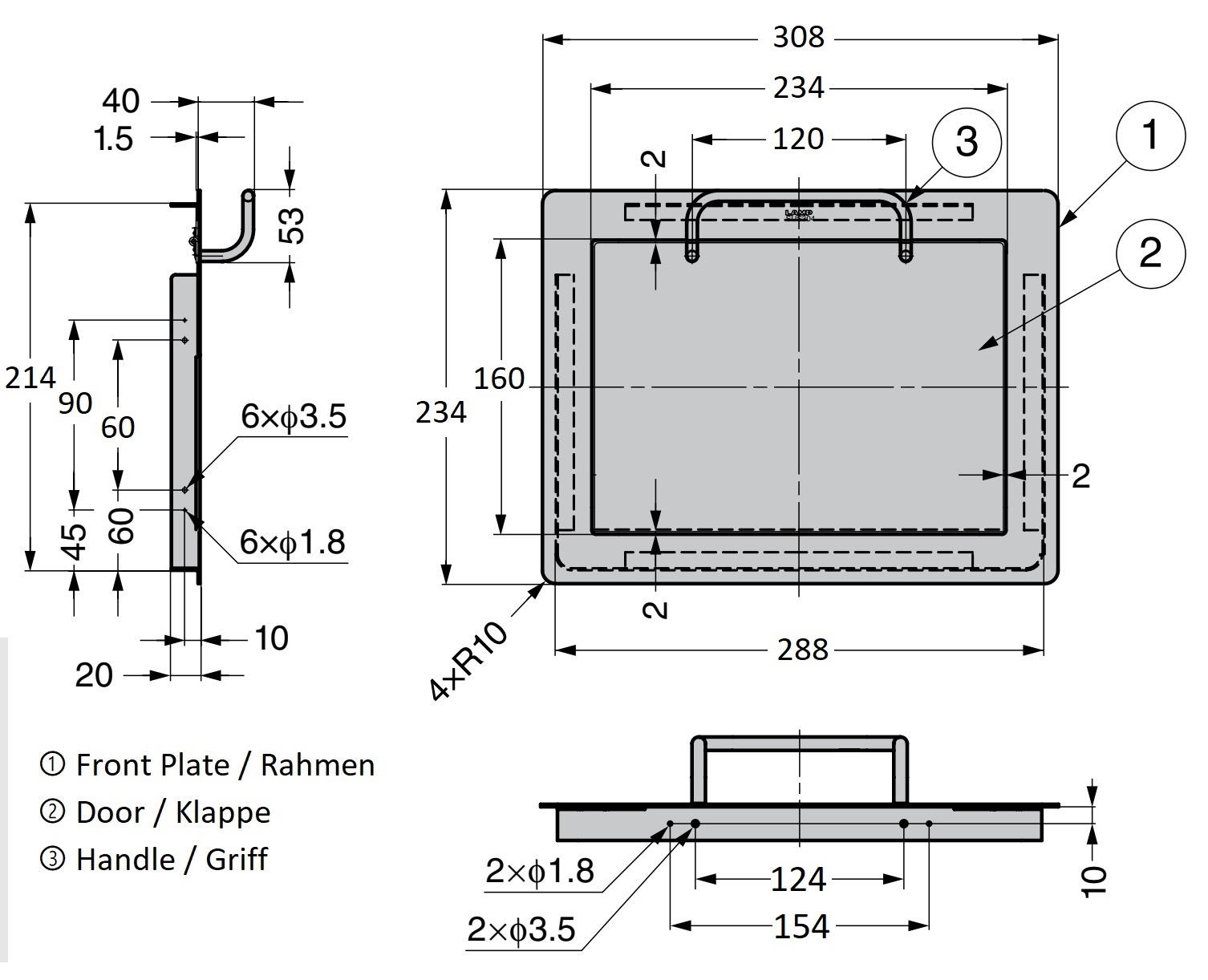 Hoogwaardige rechthoekige afvoerklep met handgreep, voor verticale montage, gemaakt van roestvrij staal, afwerking: mat satijn, 234 mm (9,3"), AZ-HD230-HL. Roestvrijstalen afvalluik, voor gastronomie en nog veel meer, van Sugatsune / LAMP® (Japan) - Afbeelding 2