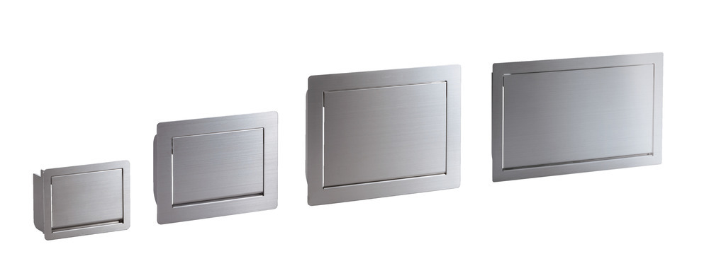 Hoogwaardige rechthoekige afvoerklep voor verticale montage, met soft-close, gemaakt van roestvrij staal, afwerking: mat gesatineerd, 234 mm (9,3"), AZ-GD230-HL. Roestvrijstalen afvalluik, voor gastronomie en nog veel meer, van Sugatsune / LAMP® (Japan) - Afbeelding 2