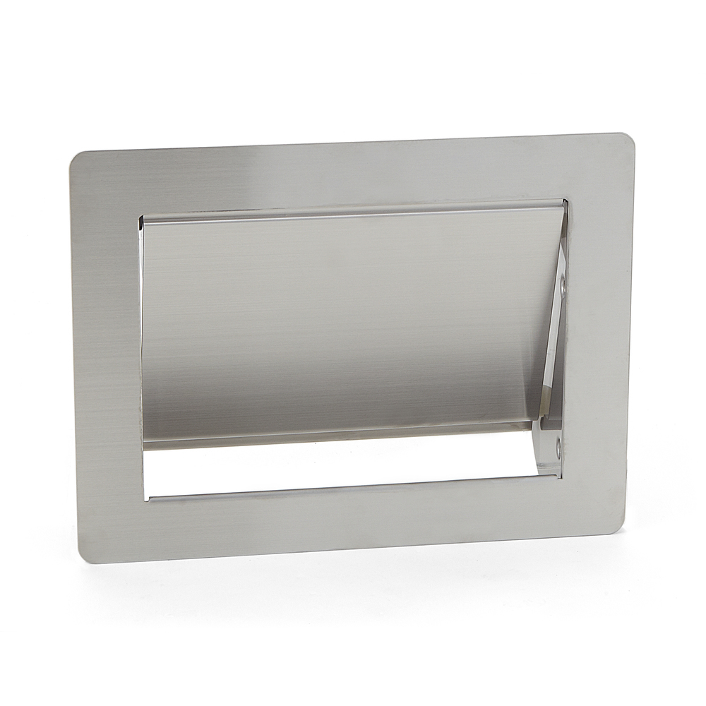 Hoogwaardige rechthoekige afvoerklep voor verticale montage, met soft-close, gemaakt van roestvrij staal, afwerking: mat gesatineerd, 234 mm (9,3"), AZ-GD230-HL. Roestvrijstalen afvalluik, voor gastronomie en nog veel meer, van Sugatsune / LAMP® (Japan)
