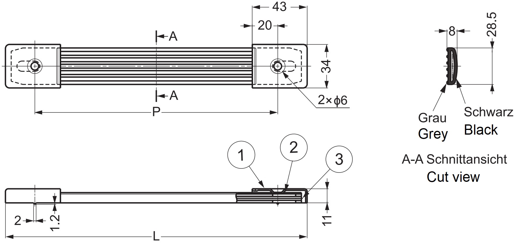 Polyvinylchloride handgreep met stalen neus, 9,3" (236 mm) PS-190. Kofferhandvat uitschuifbaar, gemaakt van polyvinylchloride voor dozen, apparatuur, apparaten, koffers, luidsprekers, muziekinstrumenten, door Sugatsune / LAMP® (Japan) - Afbeelding 2