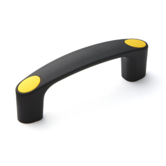 Hoogwaardige robuuste apparaathandgreep gemaakt van versterkt nylon, zwart met gele afdekdoppen, 120 mm (4,8") MJH-120-YE. Machinehandgreep MJH-120-YE voor industriële kasten, productieapparatuur, machinebouw, door Sugatsune / LAMP® (Japan)