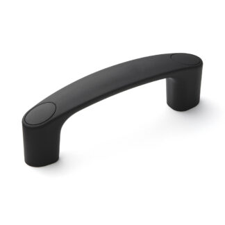 Hoogwaardige robuuste apparaathandgreep van versterkt nylon, zwart met zwarte afdekdoppen, 120 mm (4,8") MJH-120-BL. Machinehandgreep MJH-120-BL voor industriële kasten, productieapparatuur, machinebouw, door Sugatsune / LAMP® (Japan)