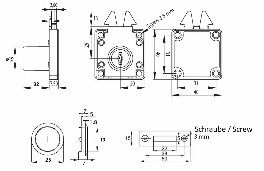 Hoogwaardig rolluikslot met inklapbare sleutels en sluitsysteem J11, oppervlak: vernikkeld, 14.01.459-1. - Afbeelding 2