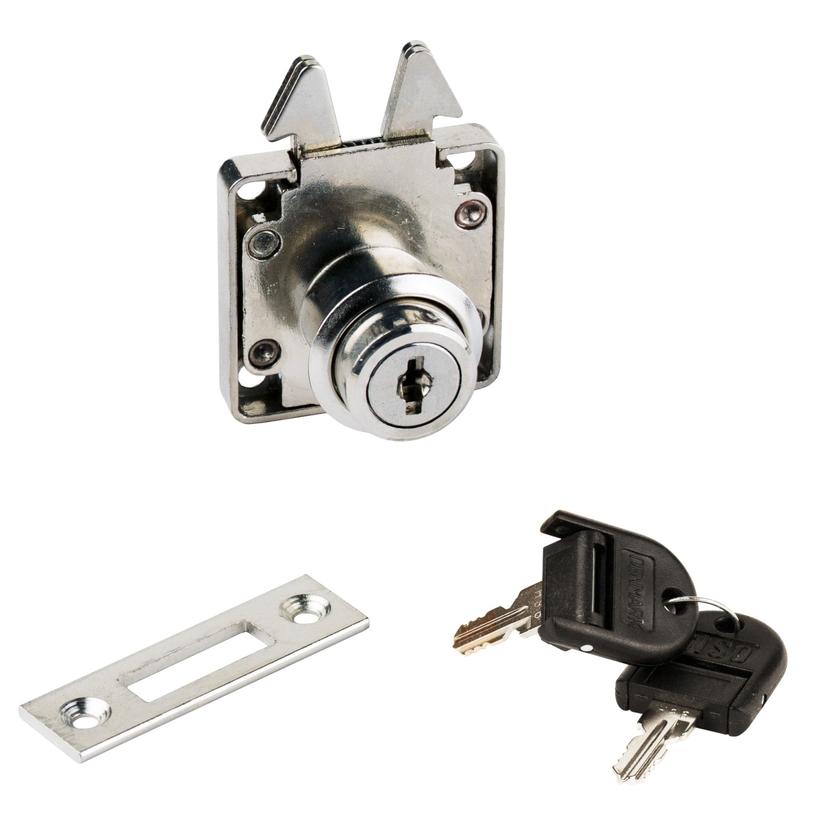 Hoogwaardig rolluikslot met klapsleutels en sluitsysteem J11, oppervlak: vernikkeld, 14.01.463-0. Schuifdeurslot voor rolluiken, meubelschuifdeuren en nog veel meer, van SISO Denemarken