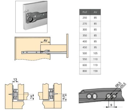 Roldrukgeleiders, gedeeltelijk uittrekbaar, wit gelakt, RAL 9001, 250 mm (9-27/32"), 4388412. Rolschuifgeleiders van staal met gedeeltelijke verlenging, voor houten lade, dienbladtrekker, houten lade, keukenmeubilair, kantoormeubilair, huismeubilair, door EMUCA - Afbeelding 5