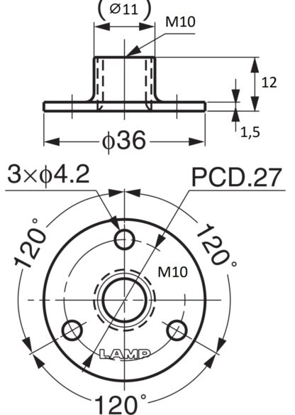 4-delige ronde montageplaat met M10 schroefdraad, montageplaat, RVS, 36 mm (1,5"), AP36-M10. Opschroefbare plaat, voor meubelpoten, meubelwielen, machinevoeten, kastpoten, bankpoten en nog veel meer, van Sugatsune / LAMP® (Japan) - Afbeelding 2