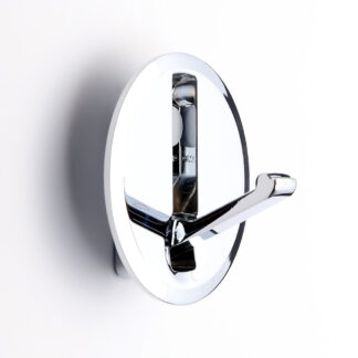 Hoogwaardige ronde inklapbare haak met veer voor inbouw, oppervlak: verchroomd, 64 mm (2,6"), NF-R64-CR. Ronde vouwhaak met automatische sluiting, voor tinyhouse, camper, caravan, jacht, trein, vliegtuig, bus en nog veel meer, van Sugatsune / LAMP® (Japan