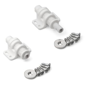 2 stuks ronde magnetische drukknoopklep met verstelmogelijkheid, incl. contraplaat, oppervlak: wit, MC-25WT. Push-to-open deuropener voor meubeldeuren, kastdeuren en nog veel meer, van Sugatsune / LAMP® (Japan)
