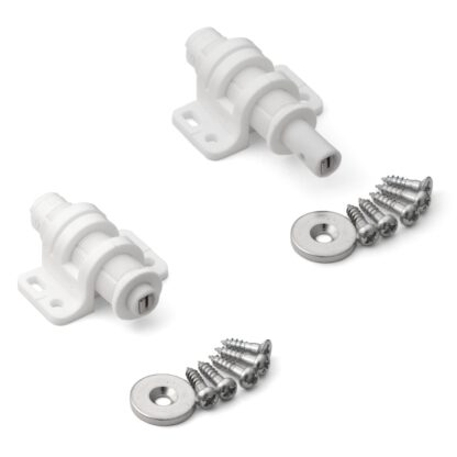2 stuks ronde magnetische drukknoopklep met verstelmogelijkheid, incl. contraplaat, oppervlak: wit, MC-25WT. Push-to-open deuropener voor meubeldeuren, kastdeuren en nog veel meer, van Sugatsune / LAMP® (Japan)