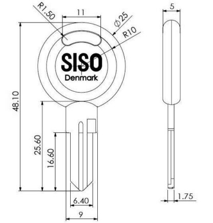 Sleutel leeg, 48,1 mm (1,9"). Key blank gemaakt van metaal en kunststof voor slot 8813, handgreepslot L-44, handgreepslot 177, handvatslot T-44, handgreepslot 1821, handgreepslot 1822, nokkenslot X-44, basculeslot 7080, door SISO Denemarken - Afbeelding 3