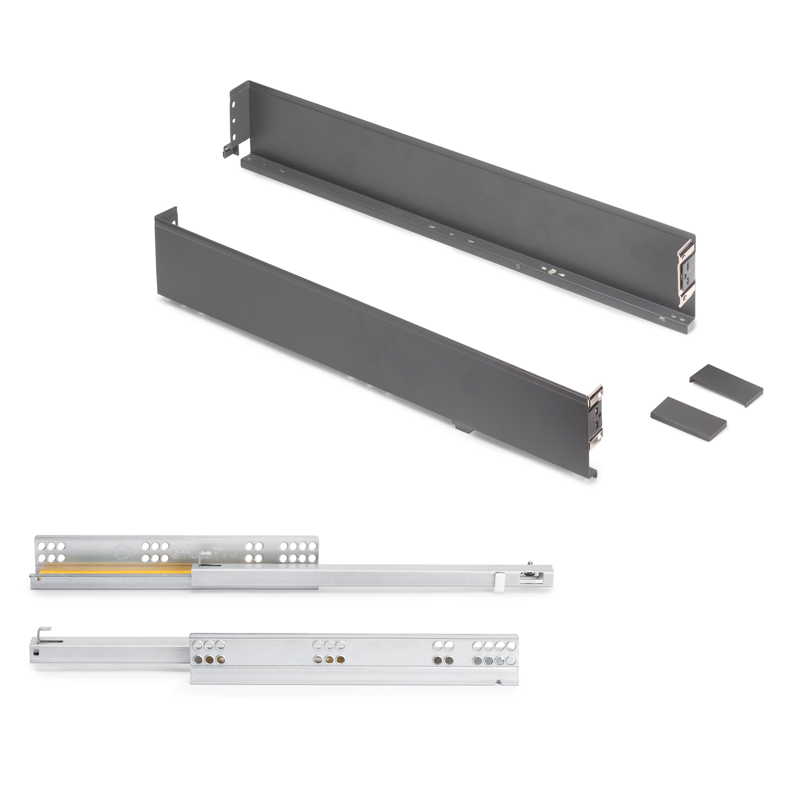 Ladeset, met extra dunne frames, hoogte: 88 mm (3-15/32"), oppervlak: antracietgrijs, 500 mm (19-11/16"), uitvoering: gedeeltelijke uittrekbare met softclose, 3275435. ladeset voor keukenmeubels en nog veel meer, van EMUCA