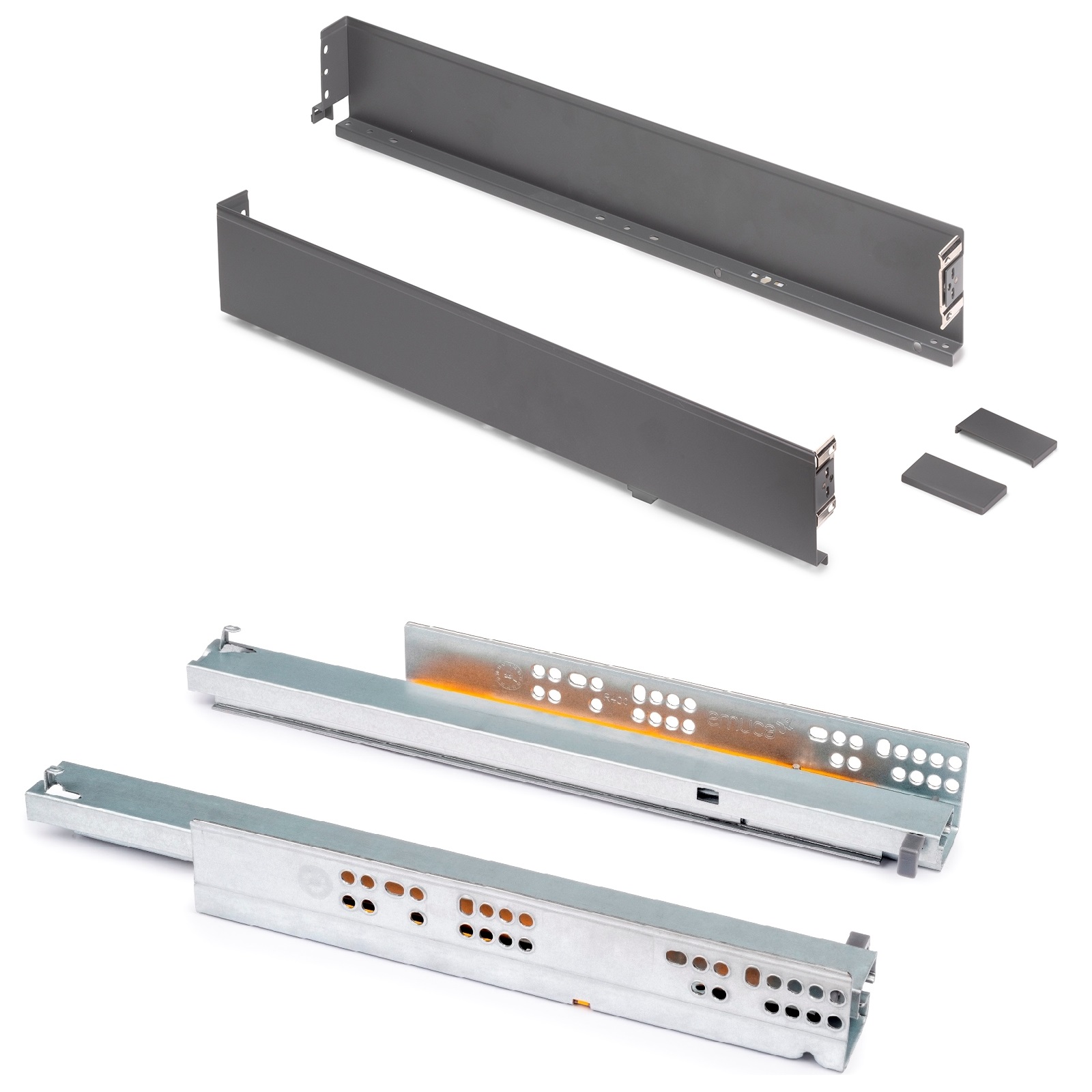 Schubkasten Set, mit extra dünnen Zargen, Höhe: 88 mm, 3275135, Schubladentiefe: 340 mm, von EMUCA, anthrazitgrau, Ausführung: Vollauszug mit Soft-Close. Produktbild