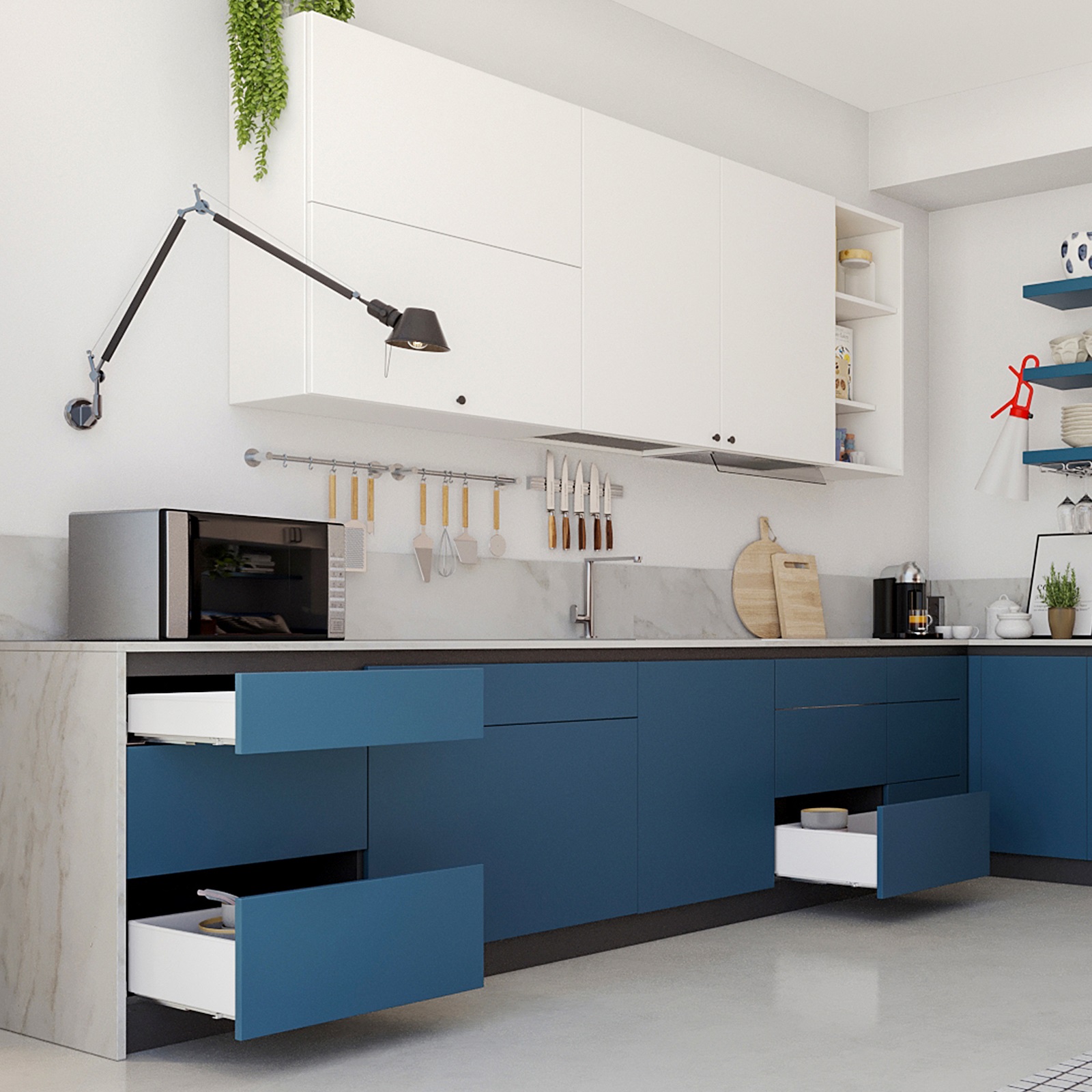 Ladeset, met extra dunne frames, hoogte: 88 mm (3-15/32"), oppervlak: wit, 440 mm (17-21/64"), versie: gedeeltelijke verlenging met openduw, 3275312. ladeset voor keukenmeubels en nog veel meer, door EMUCA - Afbeelding 8