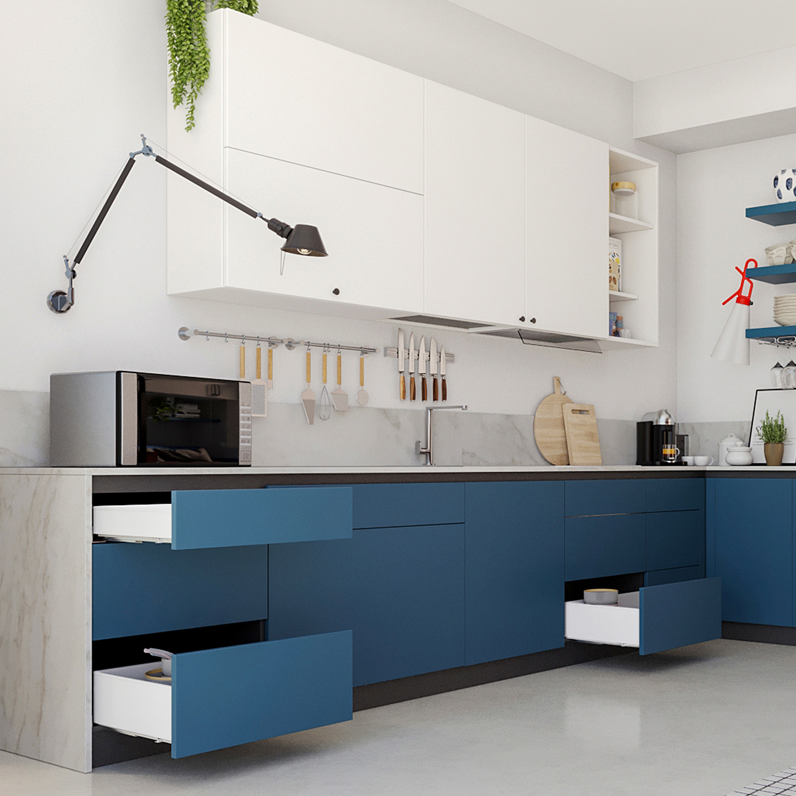 Ladeset, met extra dunne frames, framehoogte 88 mm (3-15/32"), oppervlak: wit, 300 mm (11-13/16"), uitvoering: gedeeltelijke uittrekbare met softclose, 3275012. Praktische ladeset voor keukenmeubels en nog veel meer, van EMUCA - Afbeelding 9