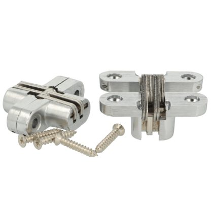 2 stuks hoogwaardige onzichtbare kruisscharnieren 45 x 13mm gemaakt van Zamak, roestvrij staal look, incl. Schroeven. Verdektliggende meubelscharnier van UMAXO®, 180° inklapbaar. Verborgen meubelscharnier (vici scharnier) voor inbouw - Afbeelding 3