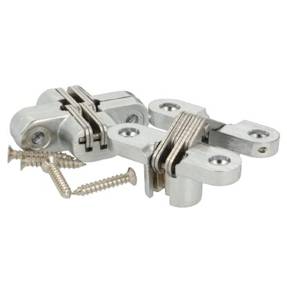 2 stuks hoogwaardige onzichtbare kruisscharnieren 45 x 13mm gemaakt van Zamak, roestvrij staal look, incl. Schroeven. Verdektliggende meubelscharnier van UMAXO®, 180° inklapbaar. Verborgen meubelscharnier (vici scharnier) voor inbouw - Afbeelding 4