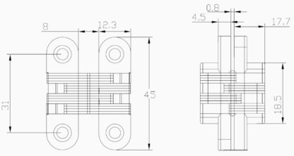 2 stuks hoogwaardige onzichtbare kruisscharnieren 45 x 13mm gemaakt van Zamak, roestvrij staal look, incl. Schroeven. Verdektliggende meubelscharnier van UMAXO®, 180° inklapbaar. Verborgen meubelscharnier (vici scharnier) voor inbouw - Afbeelding 5