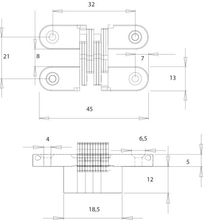 2 stuks hoogwaardige onzichtbare kruisscharnieren 45 x 13mm gemaakt van Zamak, roestvrij staal look, incl. Schroeven. Verdektliggende meubelscharnier van UMAXO®, 180° inklapbaar. Verborgen meubelscharnier (vici scharnier) voor inbouw - Afbeelding 6