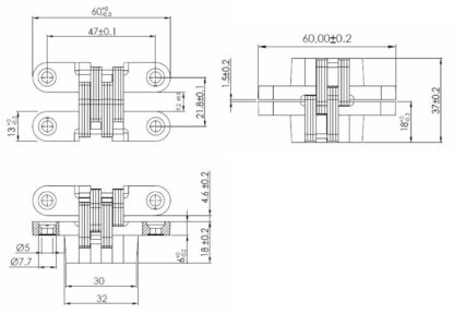 2 stuks hoogwaardige onzichtbare kruisscharnieren 60 x 13mm gemaakt van Zamak, inox look, incl. Schroeven. Verdektliggende meubelscharnier van UMAXO®, 180° inklapbaar. Verborgen meubelscharnier (vici scharnier) voor inbouw - Afbeelding 2