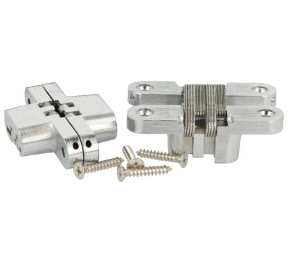 2 stuks hoogwaardige onzichtbare kruisscharnieren 70 x 16mm gemaakt van Zamak, inox look, incl. Schroeven. Verdektliggende meubelscharnier van UMAXO®, 180° inklapbaar. Verborgen meubelscharnier (vici scharnier) voor inbouw - Afbeelding 2