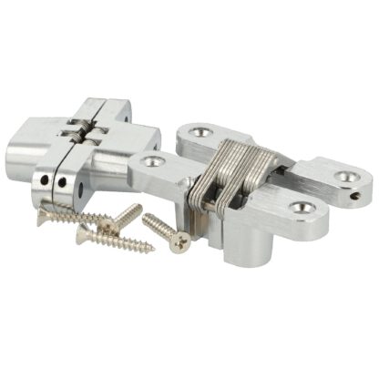 2 stuks hoogwaardige onzichtbare kruisscharnieren 70 x 16mm gemaakt van Zamak, inox look, incl. Schroeven. Verdektliggende meubelscharnier van UMAXO®, 180° inklapbaar. Verborgen meubelscharnier (vici scharnier) voor inbouw - Afbeelding 3