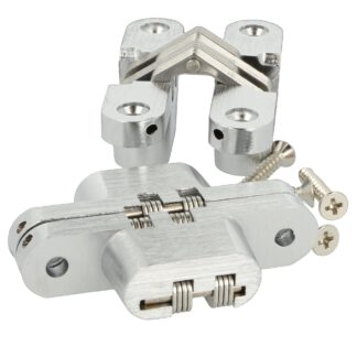 2 stuks hoogwaardige onzichtbare kruisscharnieren 70 x 16mm gemaakt van Zamak, inox look, incl. Schroeven. Verdektliggende meubelscharnier van UMAXO®, 180° inklapbaar. Verborgen meubelscharnier (vici scharnier) voor inbouw