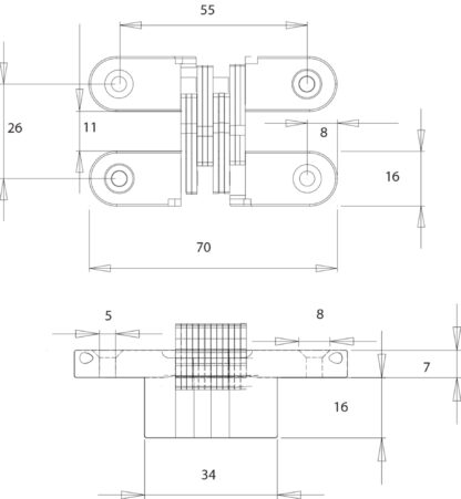 2 stuks hoogwaardige onzichtbare kruisscharnieren 70 x 16mm gemaakt van Zamak, inox look, incl. Schroeven. Verdektliggende meubelscharnier van UMAXO®, 180° inklapbaar. Verborgen meubelscharnier (vici scharnier) voor inbouw - Afbeelding 4