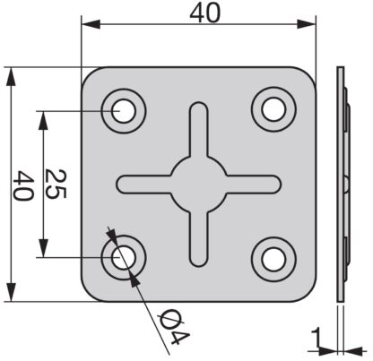 10 stevige vierkante platte connectoren, met vier stevige stalen aansluitgaten, oppervlak: gegalvaniseerd, 40 mm (1,6") 8217405. Verbindingsplaat E.FP.40 voor platen, panelen, werkbladen, werkbladen en nog veel meer, door EMUCA - Afbeelding 2