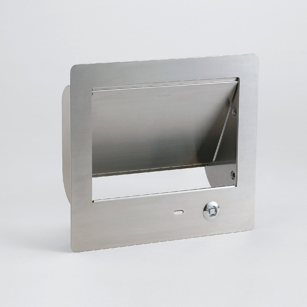 Hoogwaardige afsluitbare rechthoekige vuilklep voor verticale montage, met soft-close, gemaakt van roestvrij staal, AZ-GD230L-HL. Roestvrijstalen afvalklep met slot voor gastronomie, winkelinrichting en nog veel meer, van Sugatsune / LAMP® (Japan) - Afbeelding 3