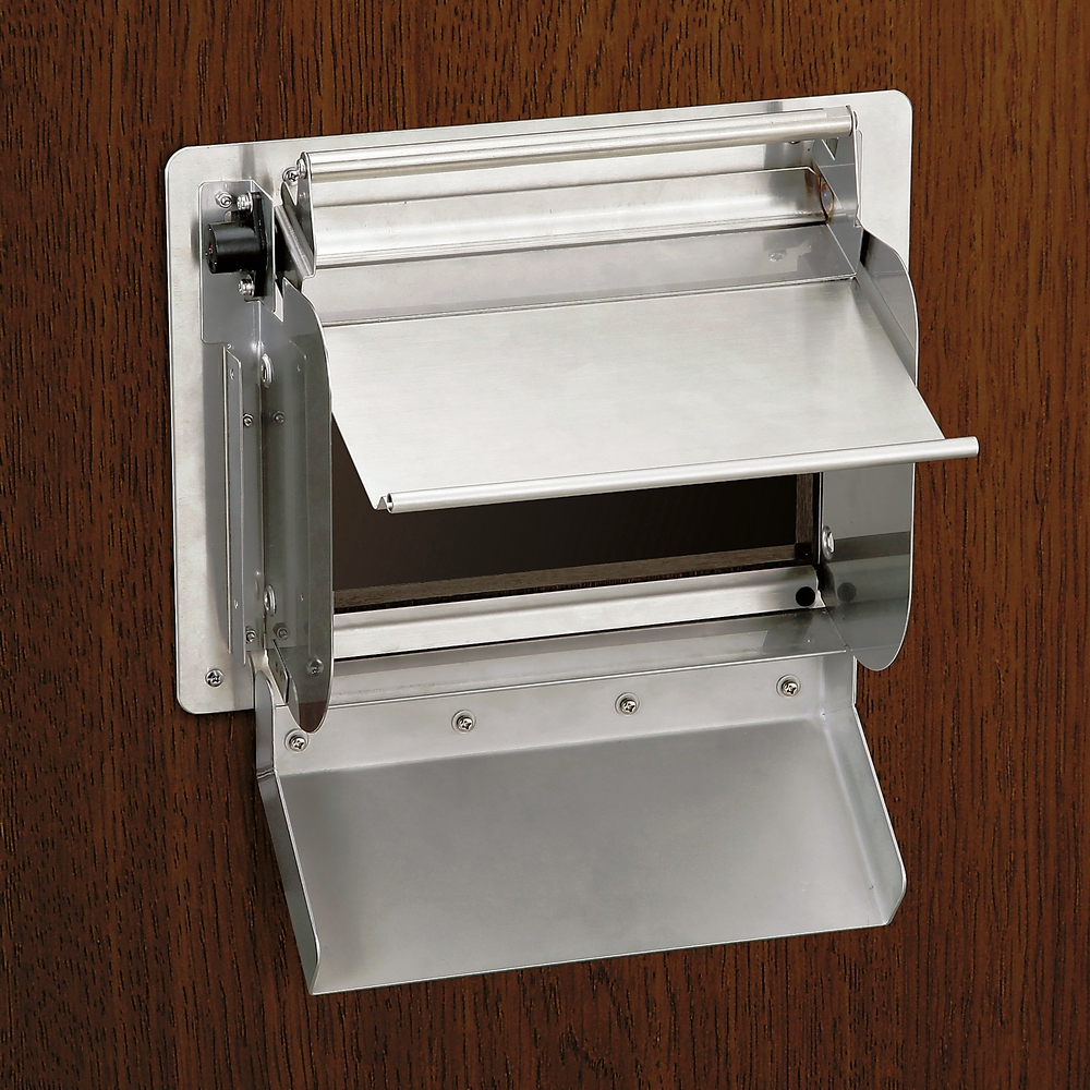 Hoogwaardige afsluitbare rechthoekige vuilklep voor verticale montage, met soft-close, gemaakt van roestvrij staal, AZ-GD230L-HL. Roestvrijstalen afvalklep met slot voor gastronomie, winkelinrichting en nog veel meer, van Sugatsune / LAMP® (Japan) - Afbeelding 8