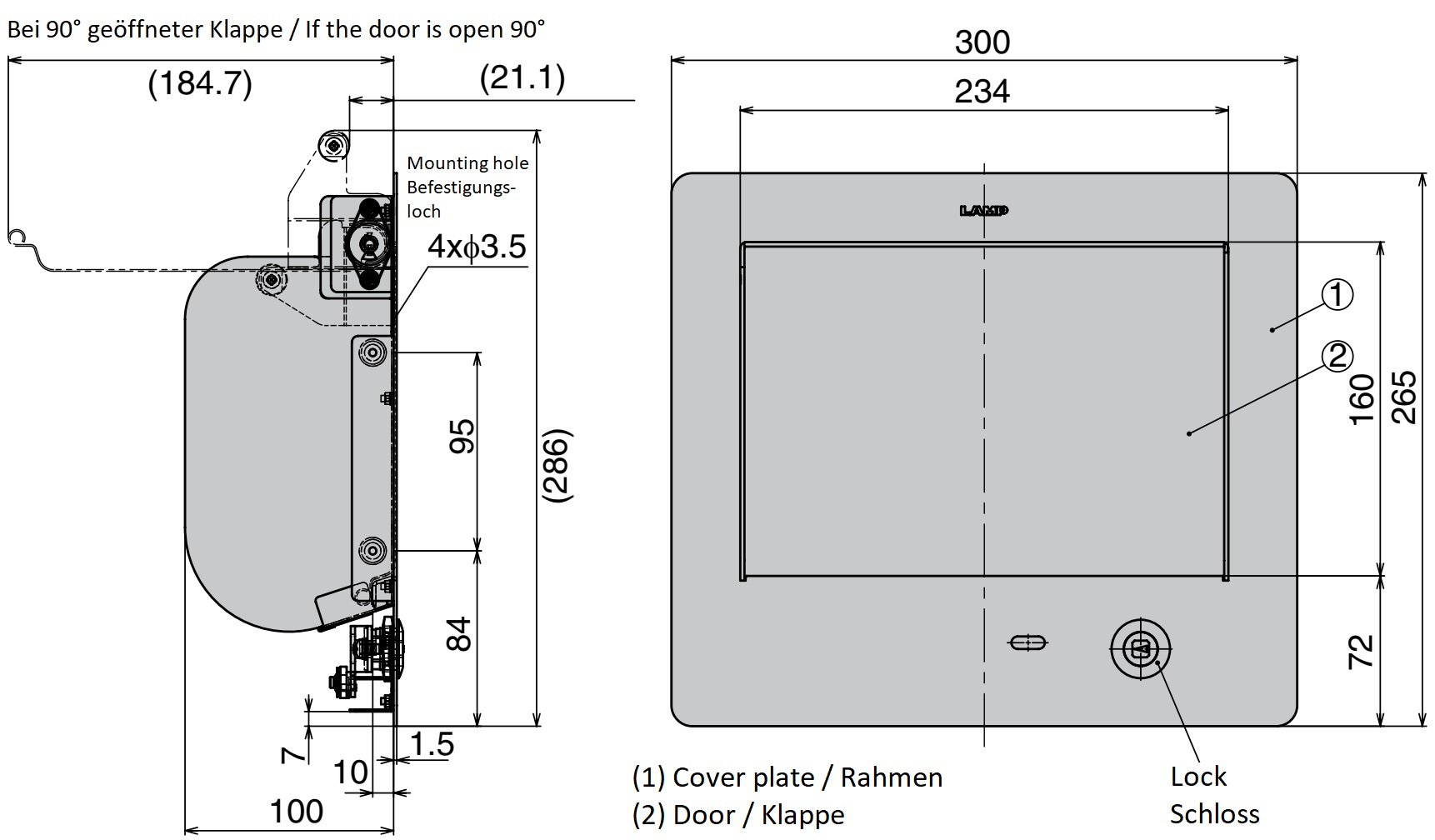 Hoogwaardige afsluitbare rechthoekige vuilklep voor verticale montage, met soft-close, gemaakt van roestvrij staal, AZ-GD230L-HL. Roestvrijstalen afvalklep met slot voor gastronomie, winkelinrichting en nog veel meer, van Sugatsune / LAMP® (Japan) - Afbeelding 5