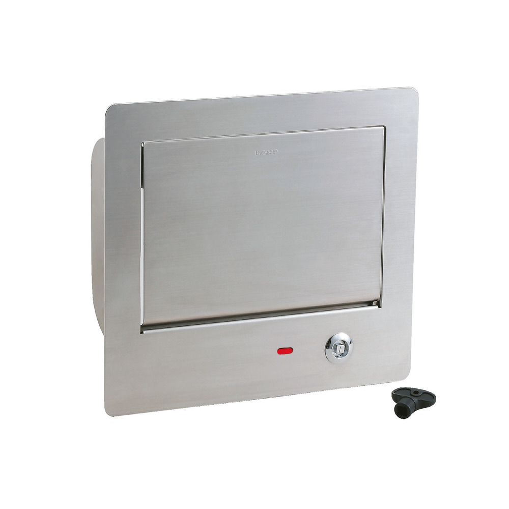 Hoogwaardige afsluitbare rechthoekige vuilklep voor verticale montage, met soft-close, gemaakt van roestvrij staal, AZ-GD230L-HL. Roestvrijstalen afvalklep met slot voor gastronomie, winkelinrichting en nog veel meer, van Sugatsune / LAMP® (Japan)